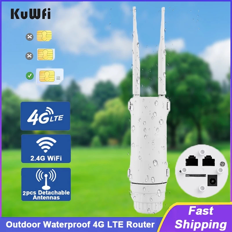 KuWFi-enrutador inalámbrico 4G LTE para exteriores, enrutador a prueba de agua, wifi, antena externa desmontable, puerto WAN LAN, compatible con 24V POE 64 usuarios