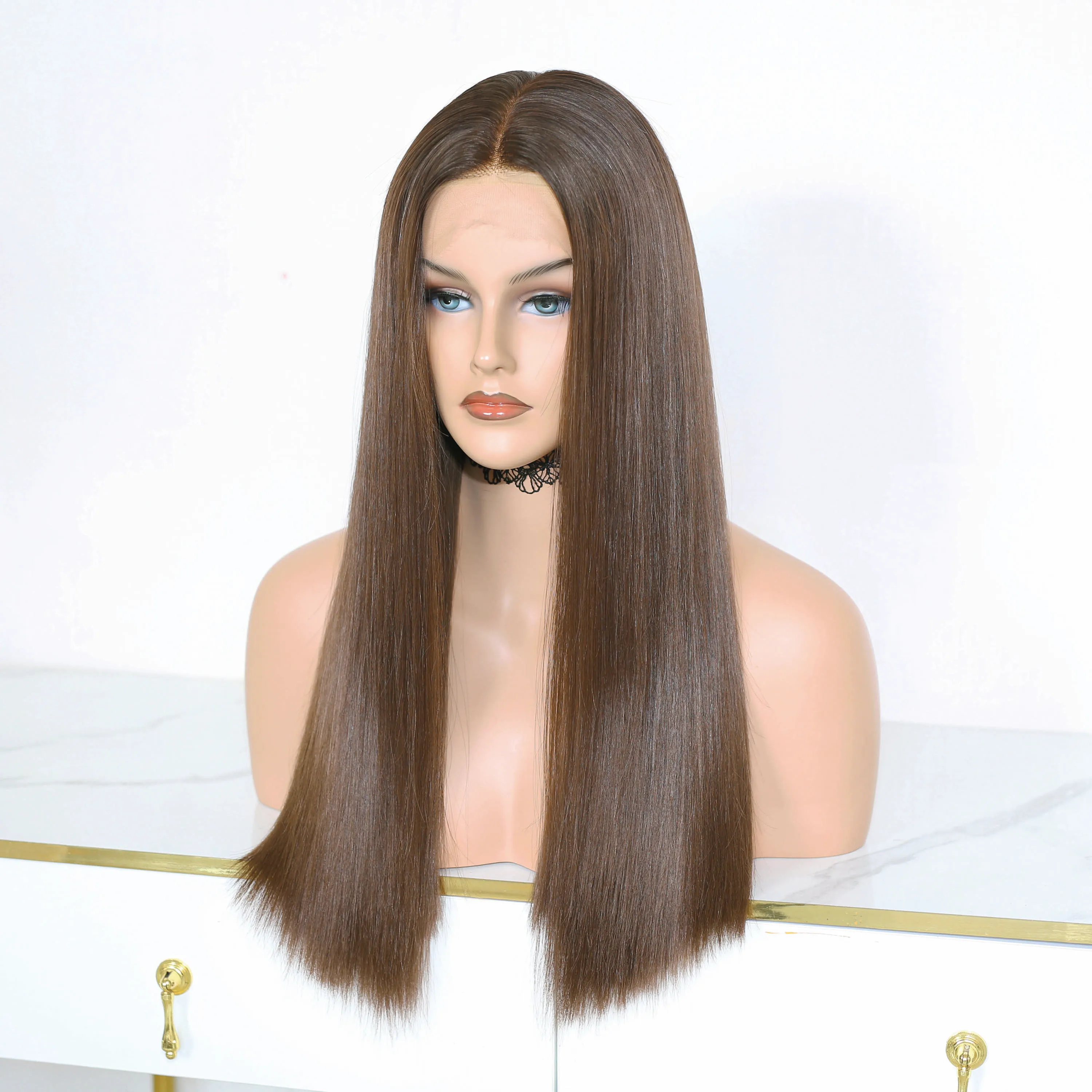 Remy Human Hair Lace Front & Top Wig, Hazelnut Brown with Shadow Roots And Luxury Hand Painted Sombre Human Hair Wig