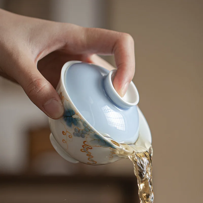 Underglaze Hand Painted Summer Thin Body Ceramic Gaiwan Heat Resistant Kung Fu Tea Household Tea Room Office Holiday Gift
