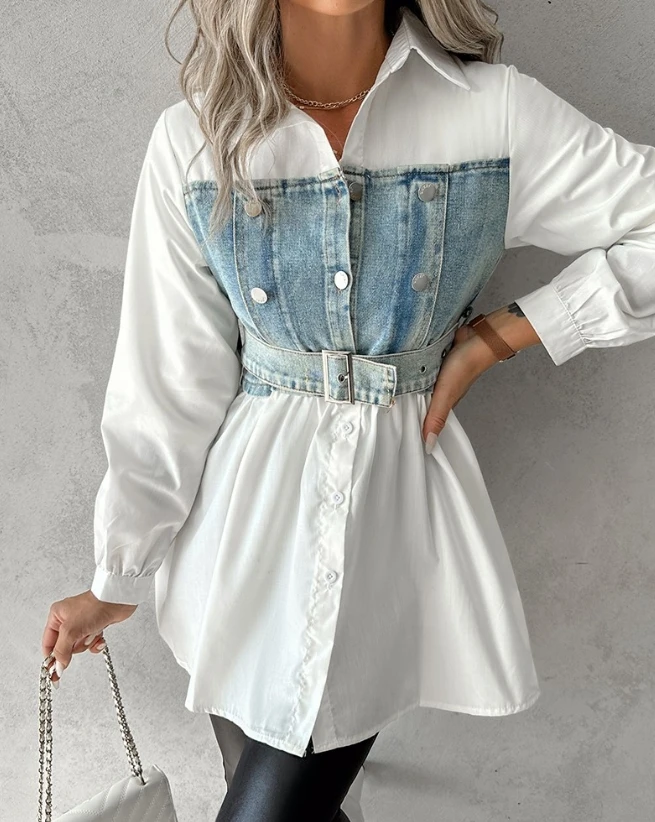 2023 Autumn Winter Spring New Fashion Casual Elegant Denim Patchwork Belted Buttoned Shirt Female Clothing T-Shirts Pullover Top