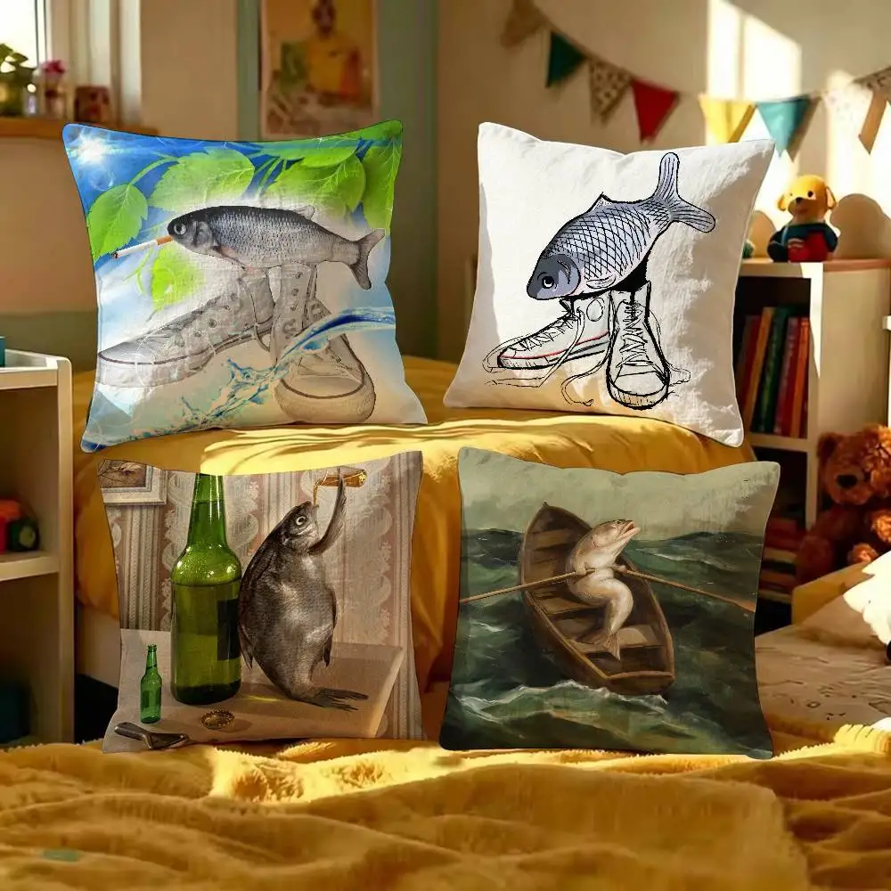 Funny MEME Surreal Sea Creature Pillow Cover Whimsical Ocean Fish Shrimp Art Print Cushion Case Pillowcase Sofa Couch Home Decor