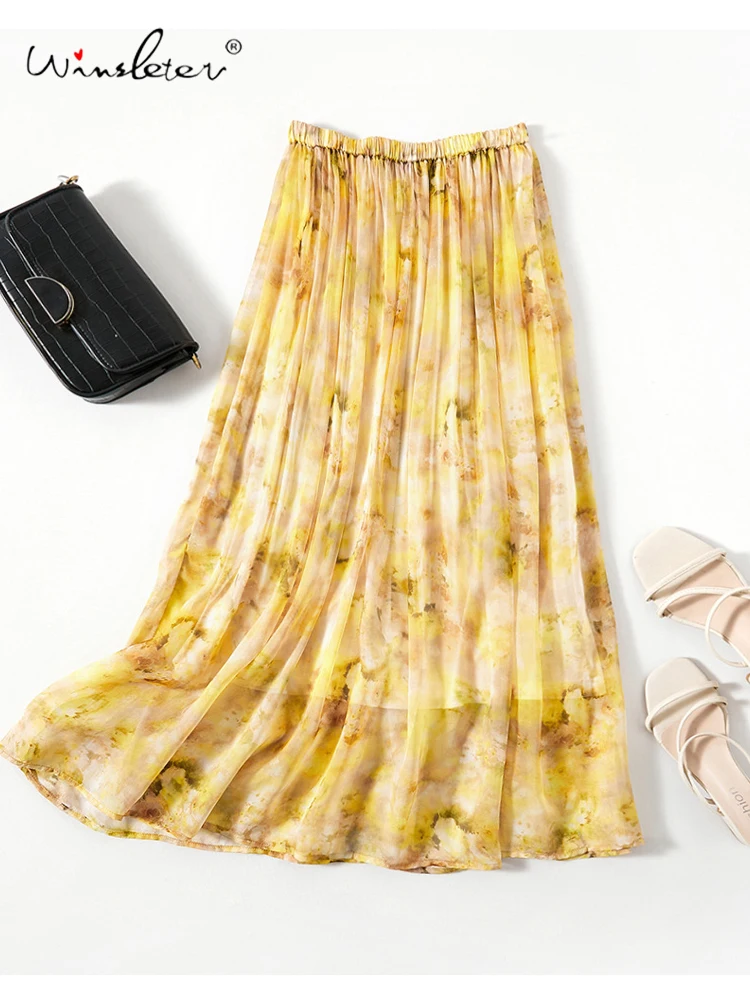 

Winsleter-Women 100%Real Silk Elegant Skirts, Elastic Waist Print, Bohemia Beach Vacation A-line Skirt, 2025 Autumn New B58034CC
