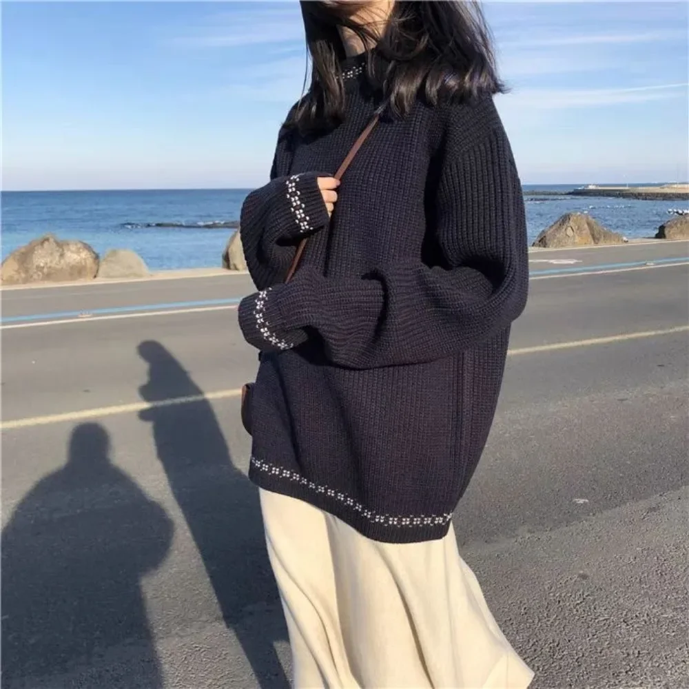 Damski sweter z dzianiny ponadgabarytowy luźny sweter z dzianiny z długimi rękawami jesienno-zimowa nowa koreańska wersja Retro sweter z dzianiny Top