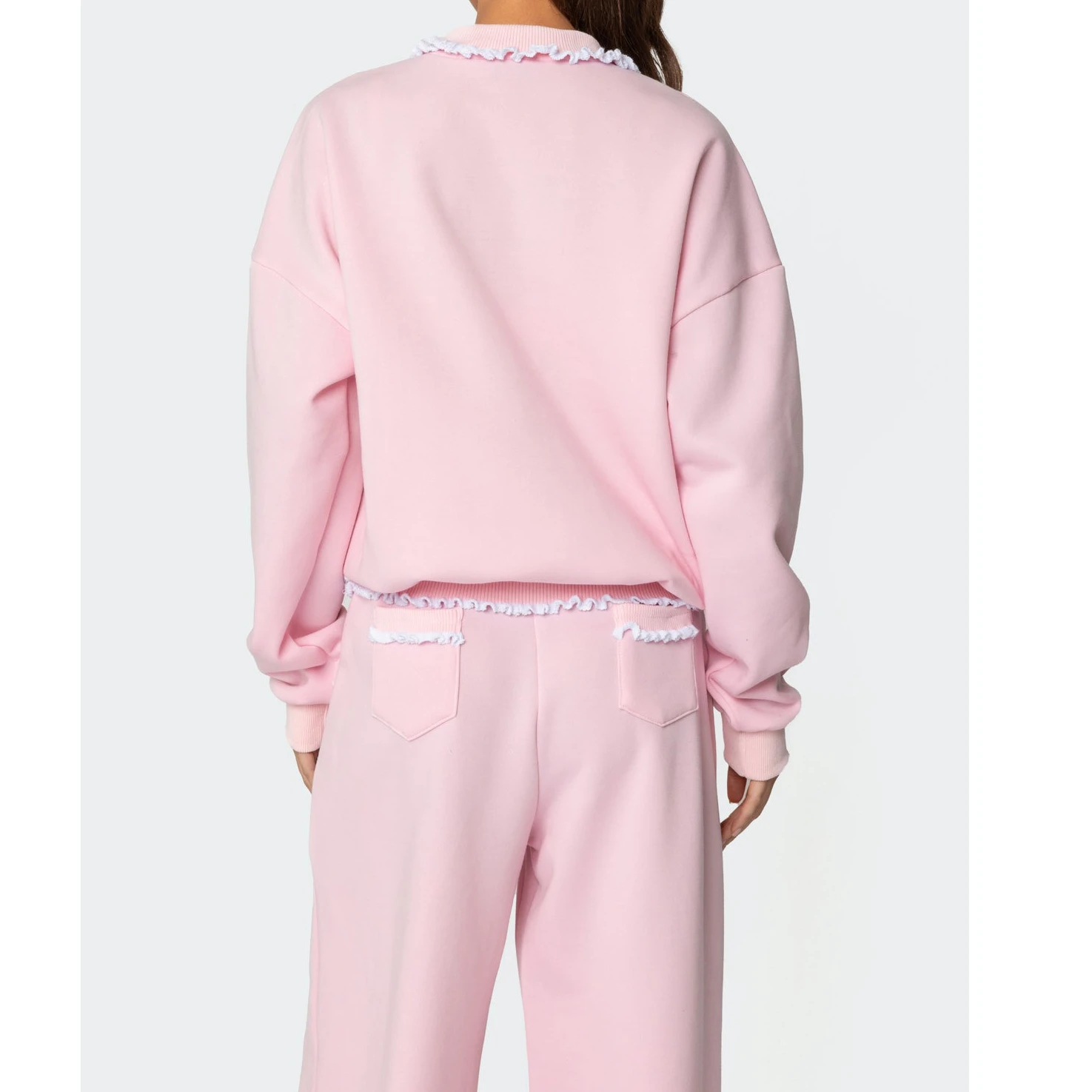 2025 가을 컬렉션 여성 루즈 러플 트림 세트 레이스 패치워크 테두리 지퍼 긴팔 팬츠 세트