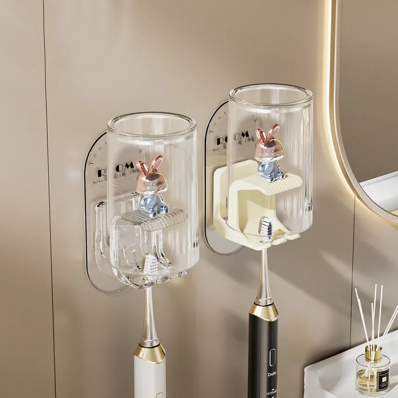 Cute Rabbit Toothbrush Rack Bathroom Wall-mounted Electric Toothbrush Cup Punch-free Mouthwash Cup Hanger