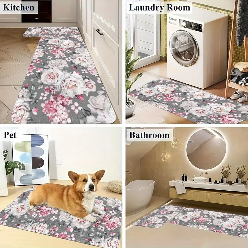 

1PC Rose Kitchen Rug Non-Slip Door Mats Pop design Bathroom Rug Bath Mat Carpet for Home Sink Laundry Decor