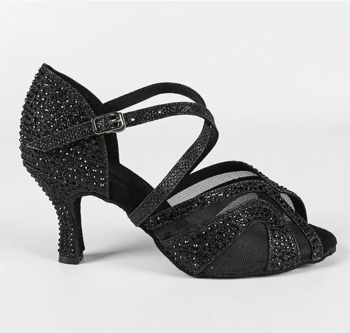 EVK Women's Black Rhinestone Mesh Dance Shoes Ankle Strap Latin Salsa Tango 7cm Heel Competition Sneakers Party Dancing Footwear