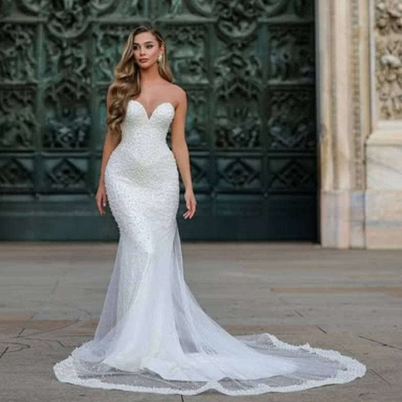 Shiny Lace ivory Appliques Wedding Dresses off-shoulder fishtail Pearl jewelry decal Bridal Gowns Made Customized