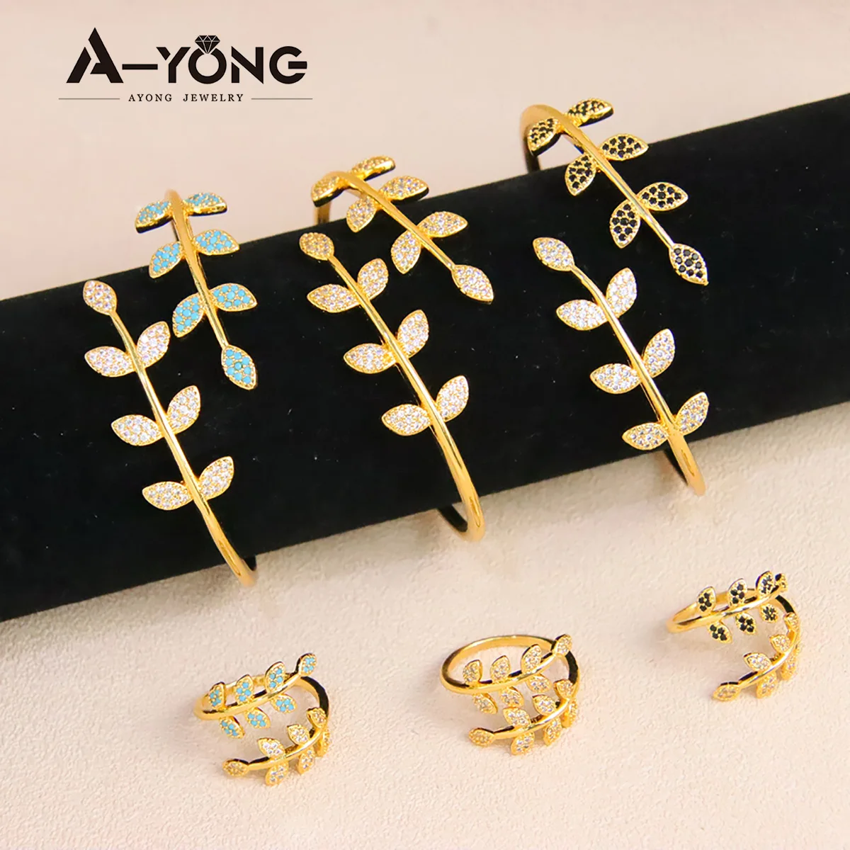 

Brazilian Zirconia Opening Bracelet Rings Set 21k Gold Plated Italian Bohemia Trendy Bangles Ring Hawaiian Women Vintage Jewelry