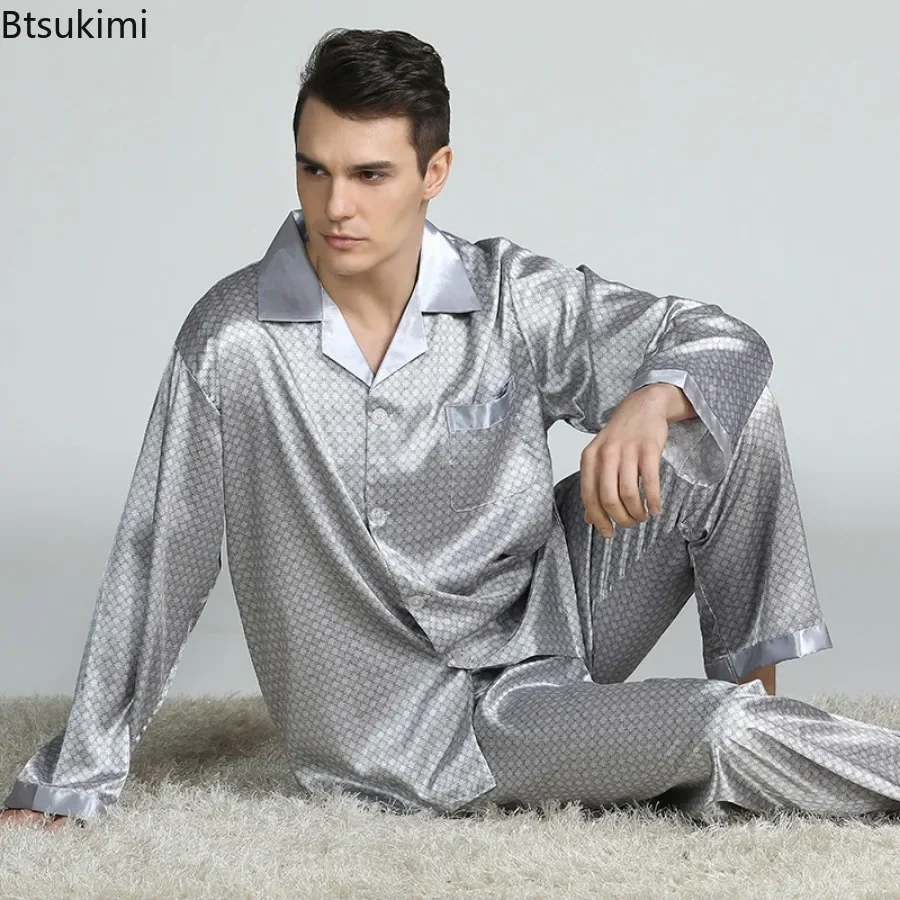 2024Men\'s Spring Summer Pajamas Sets Long Sleeve Tops&Pants Two-pieces Satin Home Clothes Male Ice Silk Printed Lounge Nightwear