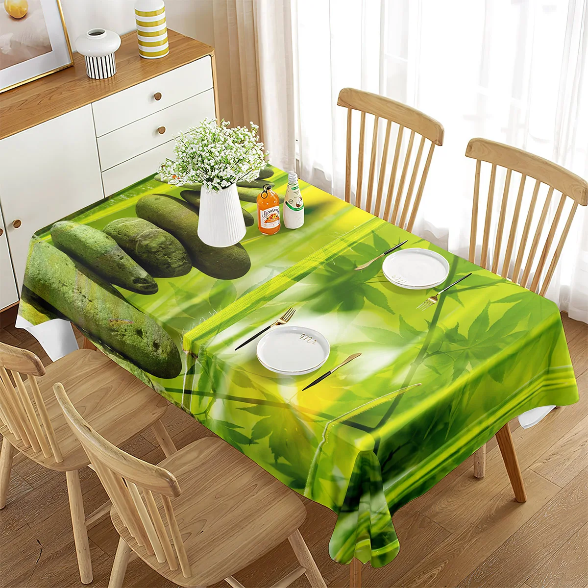 Imagen 3: Mantel rectangular con diseño de plantas y flores Zen, cubierta para mesa de centro, comedor, cocina, sala de estar, decoración para picnic