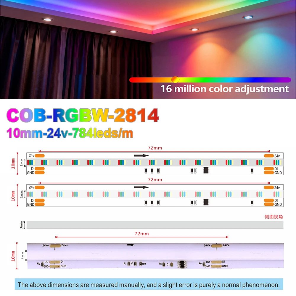 24V FCOB 784 LED RA90 COB Light Strip DC24V SPI WS2814 RGBW IC Addressable SK6812 High Flexible FOB COB Lights Dream Color 10mm