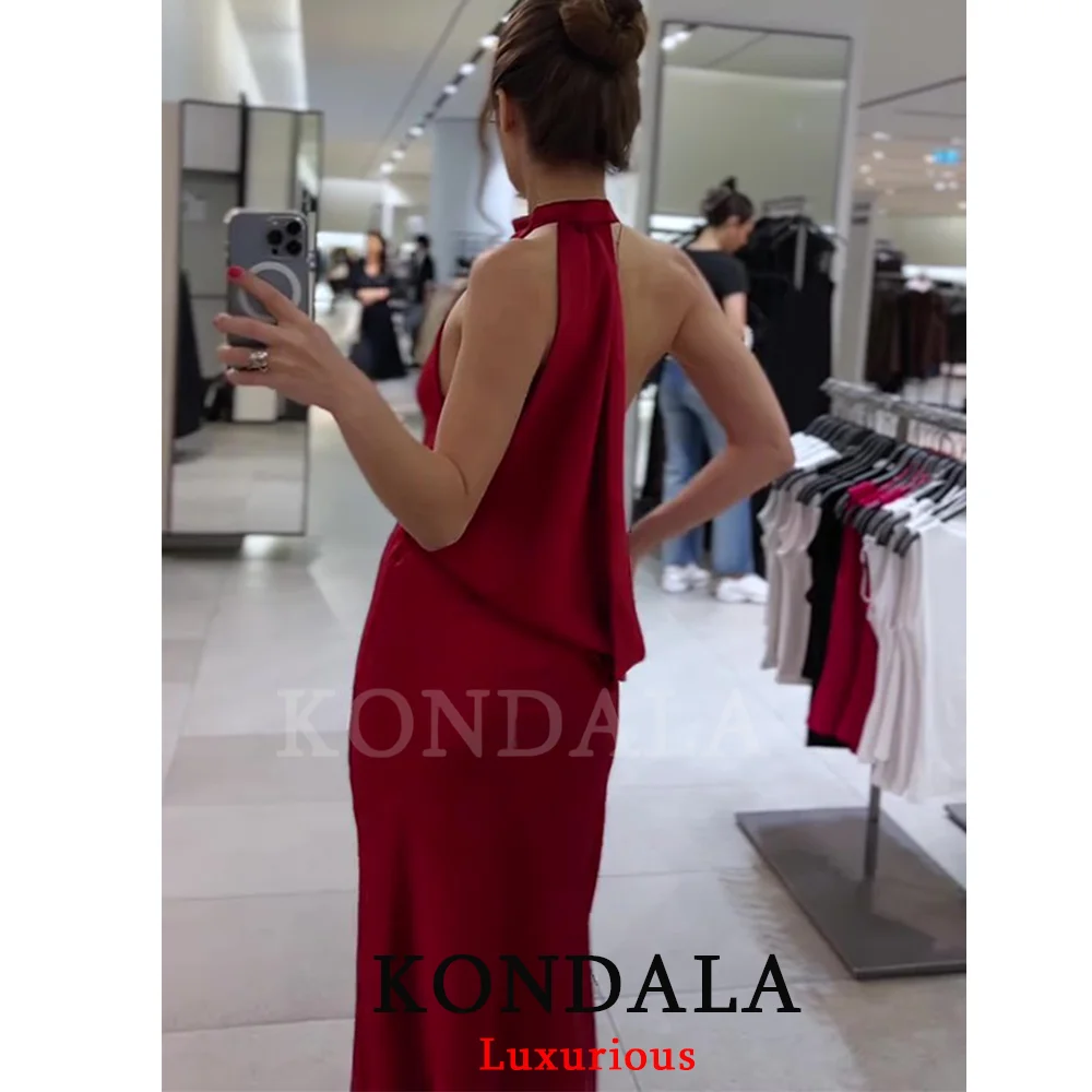 KONDALA elegante vestido de fiesta de satén rojo Halter vestido largo sin espalda moda 2025 Club de noche vestido recto elegante de Año Nuevo