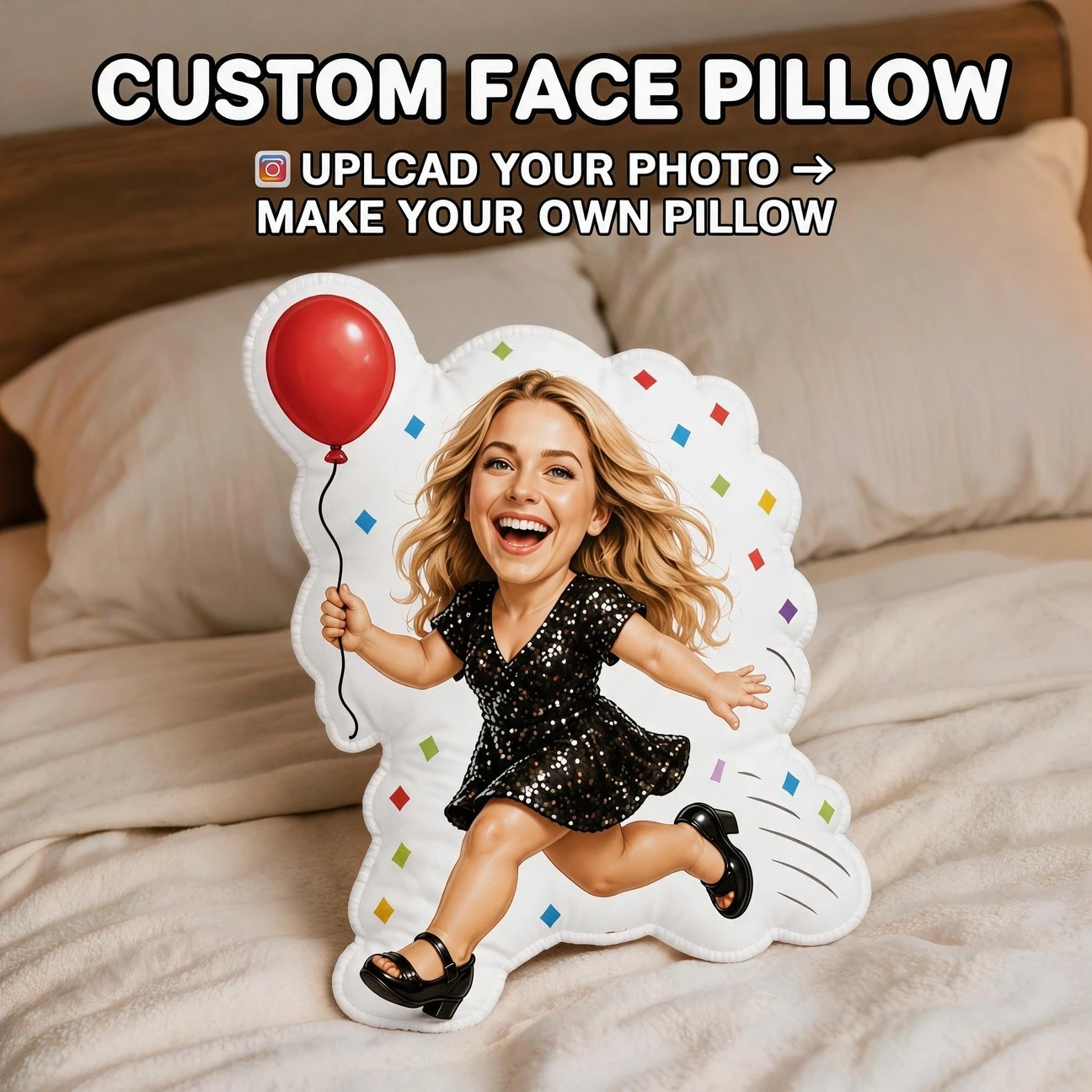 Personalized Photo Face Pillow with Custom Photo/ - Smiling Woman in Black Sequin Dress & Red Balloon Suitable for Sofa, Bed Dec