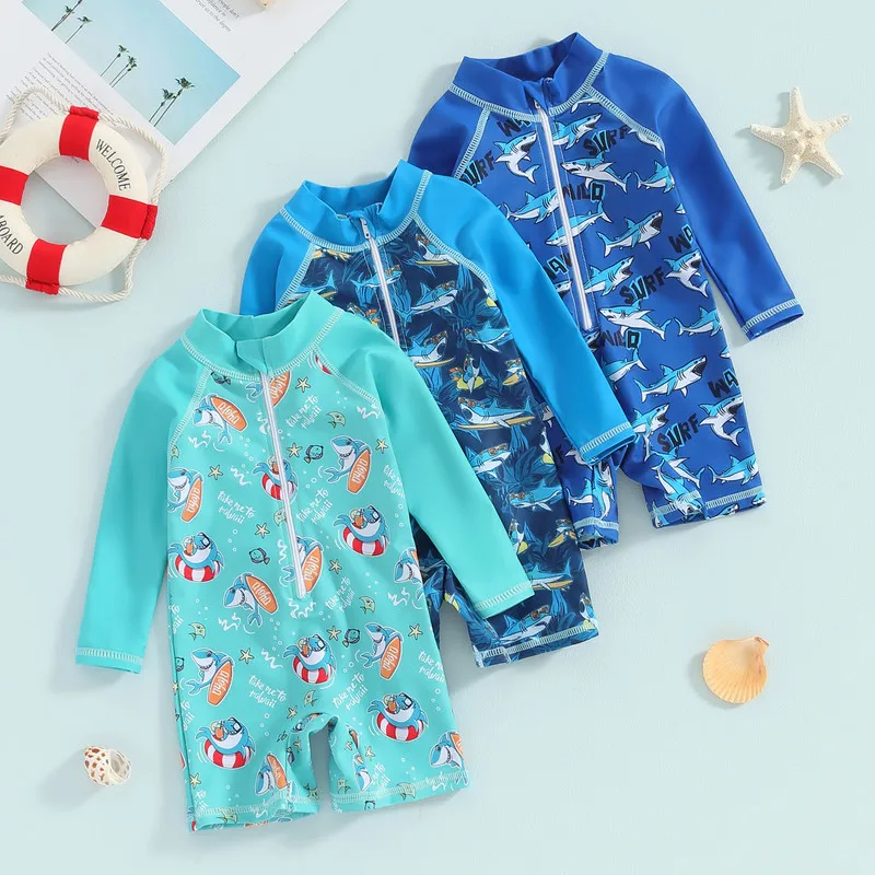 Baby Boys Rash Guard Swimsuit Rompers Zipper Long Sleeve Shark Print Toddler Bathing Suit Swimwear