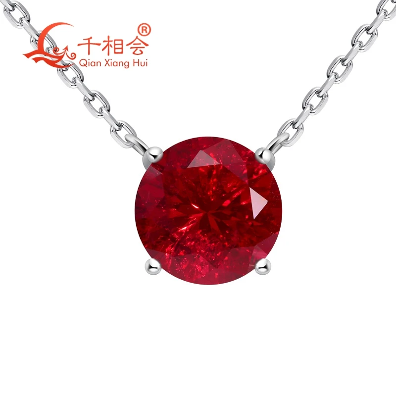 

925 Silver round 10mm Pigeon blood red and pink color Lab-Grown Created Ruby Inclusions Jewelry Pendant Necklace dating gift