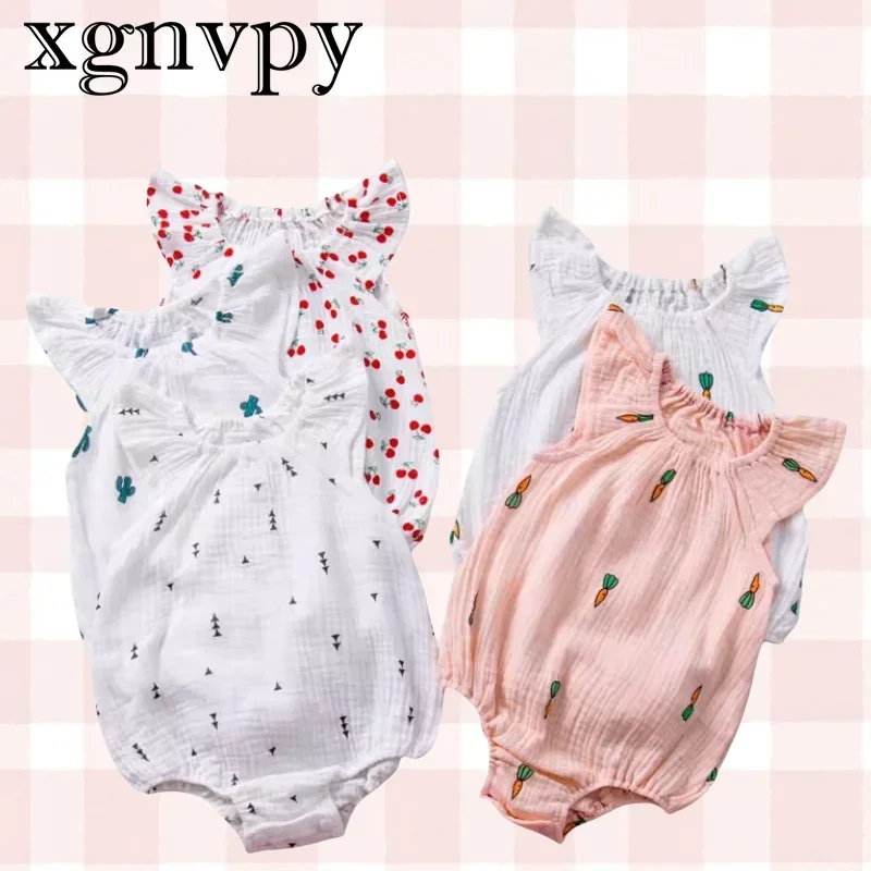 xgnvpy European and American new summer baby ins pleated short sleeve one piece crawler print cartoon cute pattern baby