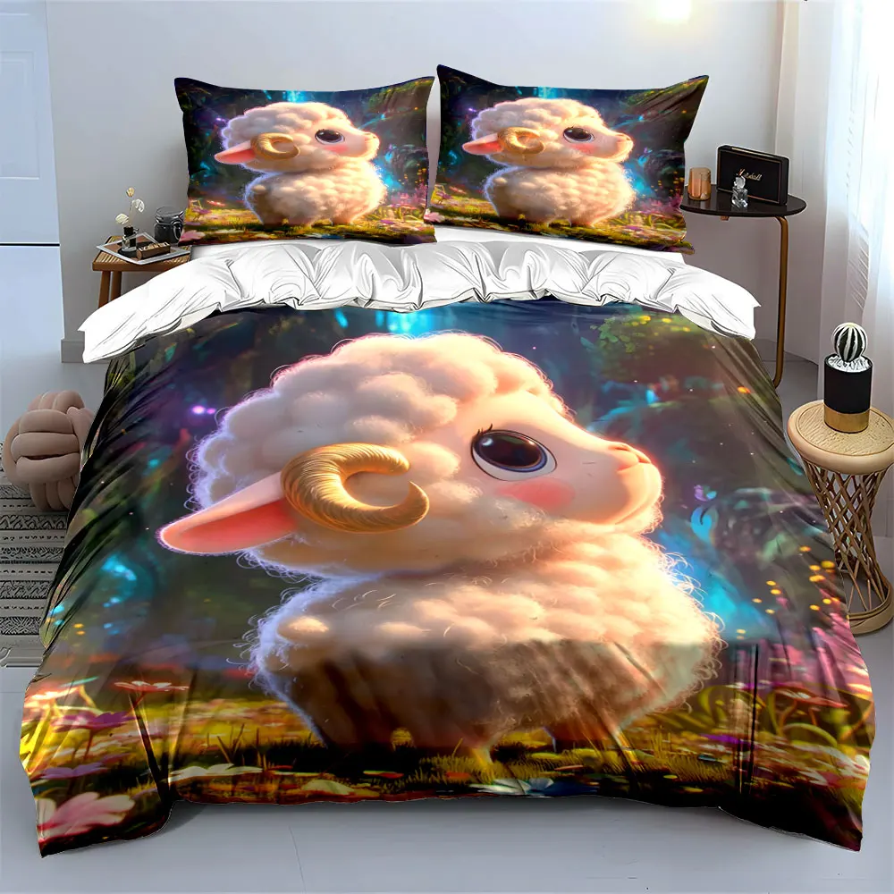 Dreamy Lamb in Enchanted Forest Printed Duvet Cover Set 1 Duvet Cover+2 Pillowcase Multi Size Bedroom Bedding Decoration
