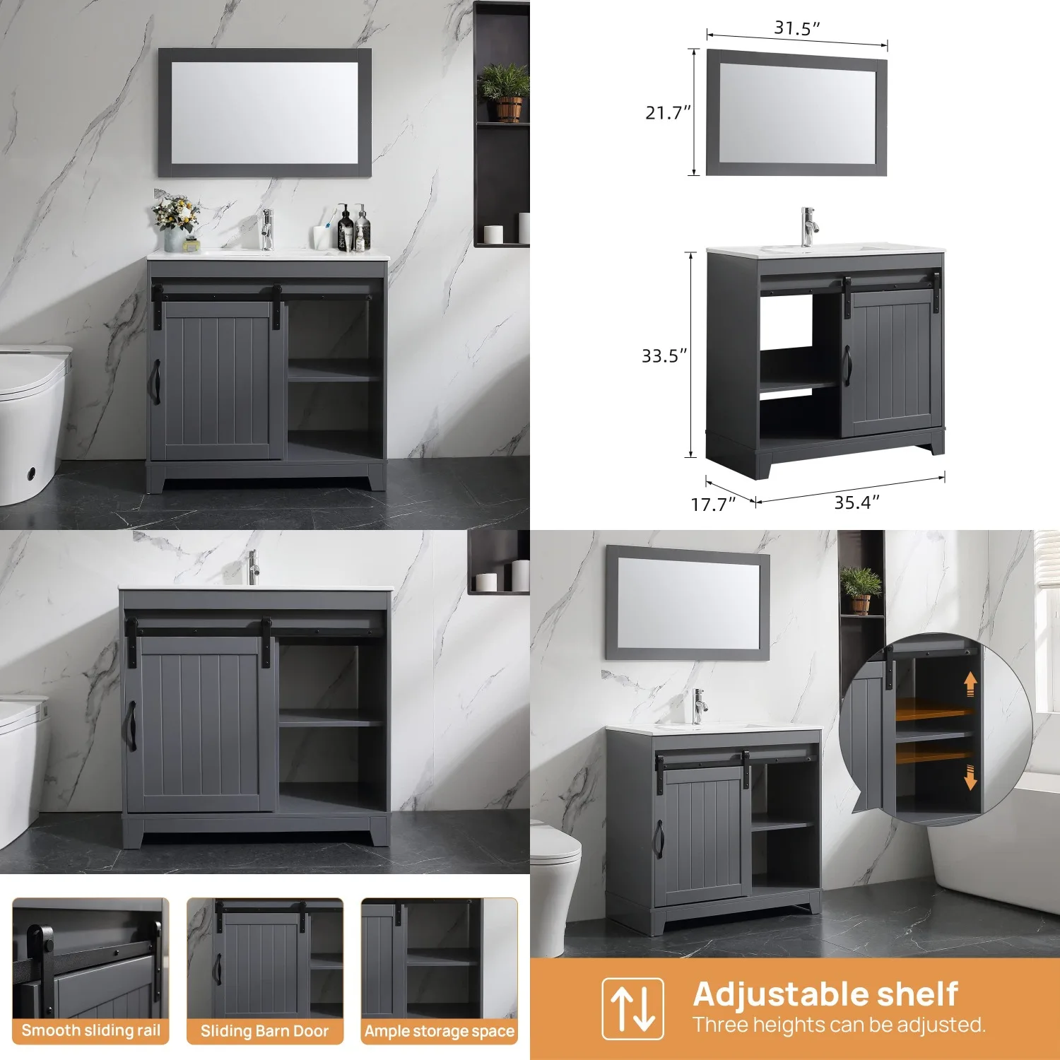 

36in Bathroom Vanity with Sliding Barn Door Ceramic Vessel Sink Farmhouse Wooden Mirror Combo Chrome Faucet Grey Customized