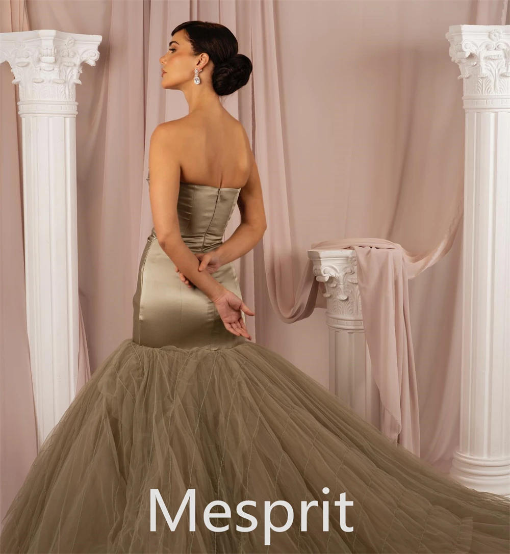 Mesprit-Robe de Soirée Sirène Sans Bretelles en Satin, Drapée, Froncée, Longueur au Sol, Organza, Personnalisée