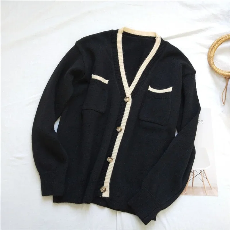 Fashion Solid Colors V-Neck Knitted Sweater Women Chic Single Breasted Loose Casual Cardigan French Style Autumn Warm Sweaters