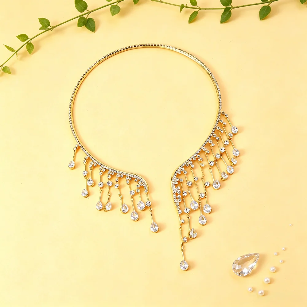 Rhinestone Choker Necklace Crystal Tassel Fringe Asymmetric Collar Statement Jewelry for Women Wedding Prom Party Evening Wear