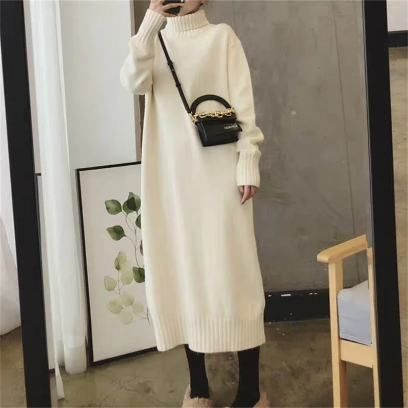 2024 New Loose-fitting Inner-wear Basic Dress Knee-length Knitted Sweater with High Collar and Long Sleeves