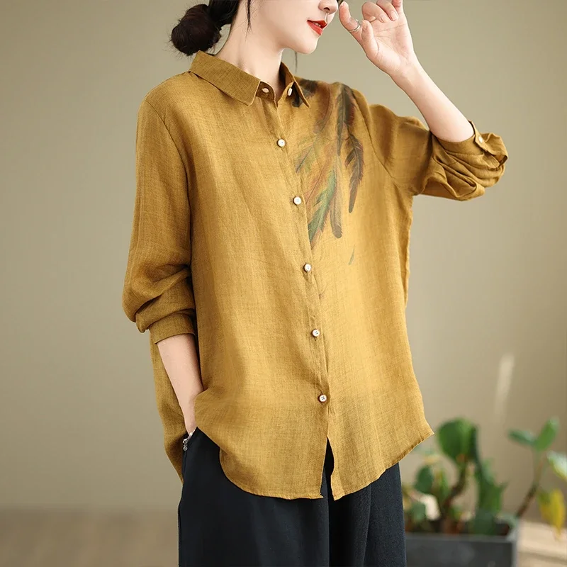 

Женская винтажная льняная рубашка с принтом в виде листьев, на пуговицах, свободного кроя, с длинными рукавами