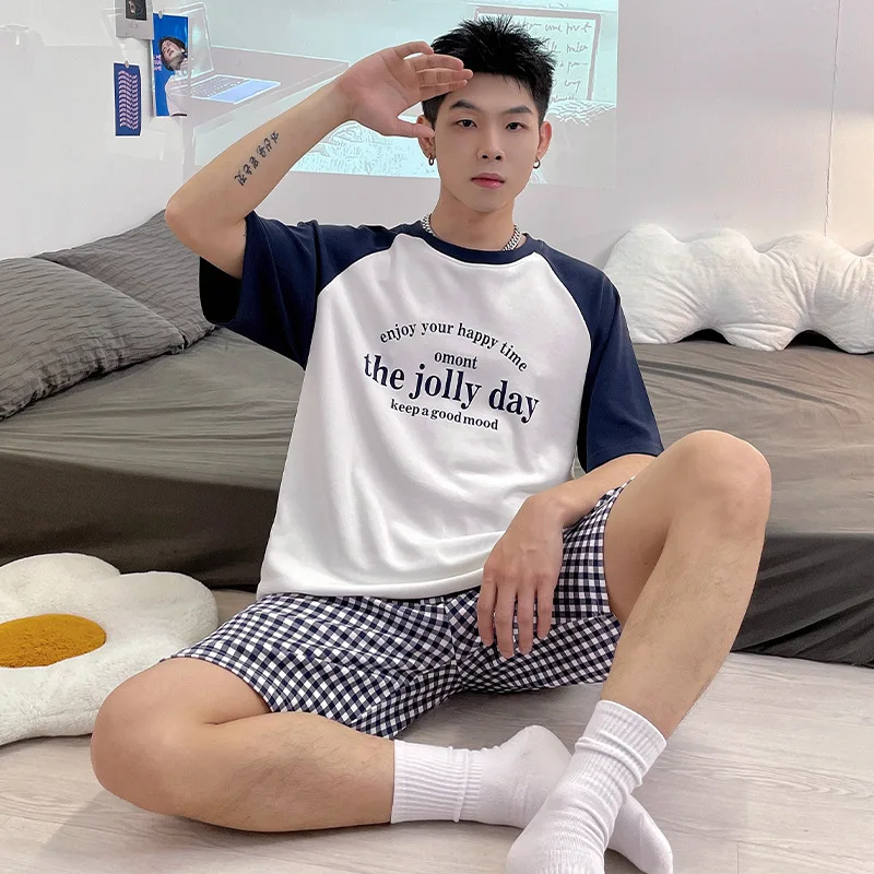 Men's Cotton Pajamas Set Summer Short Sleeve Sleeping Top & Shorts 2 Pieces/set Sleepwear Cartoon Homewear Male Youth Boy Clothe