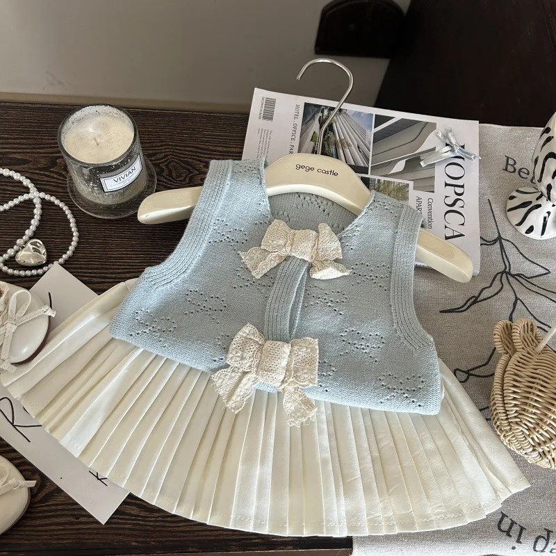 

Girls Suit 2025 Summer New Childrens Wear Korean Style Girls Baby Bow Knit Vest White Pleated Skirt Pants Two-piece Set