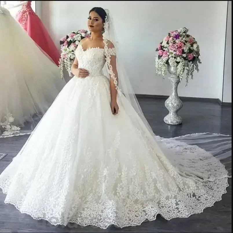 Customized Lace Wedding Dresses Off Shoulder Sweep Train Garden Chapel Bridal Gowns Plus Size Marriage Ladies Dress