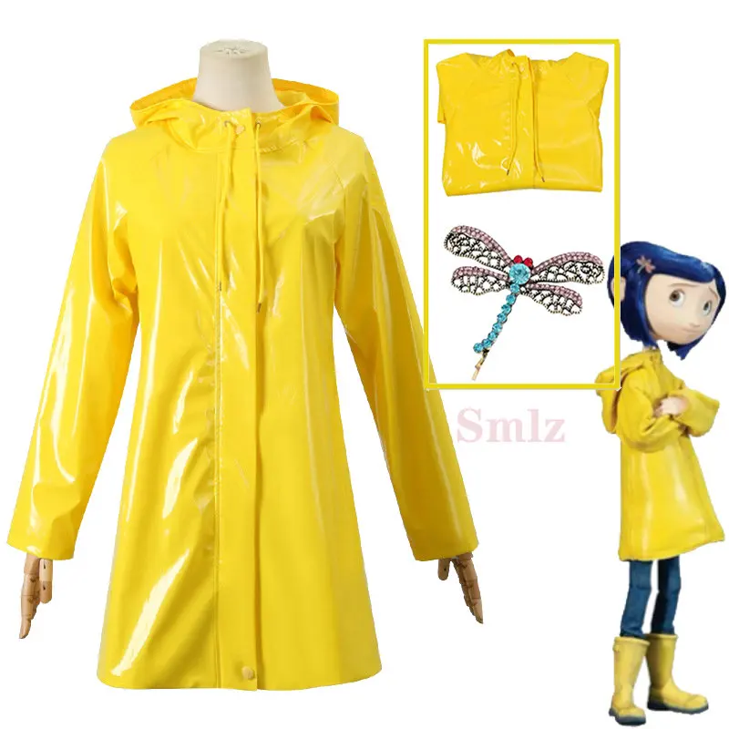 Anime Cosplay Coraline Jones Cosplay Costume Outfits Yellow Hooded Coat Raincoat Headdress Halloween Carnival Suit