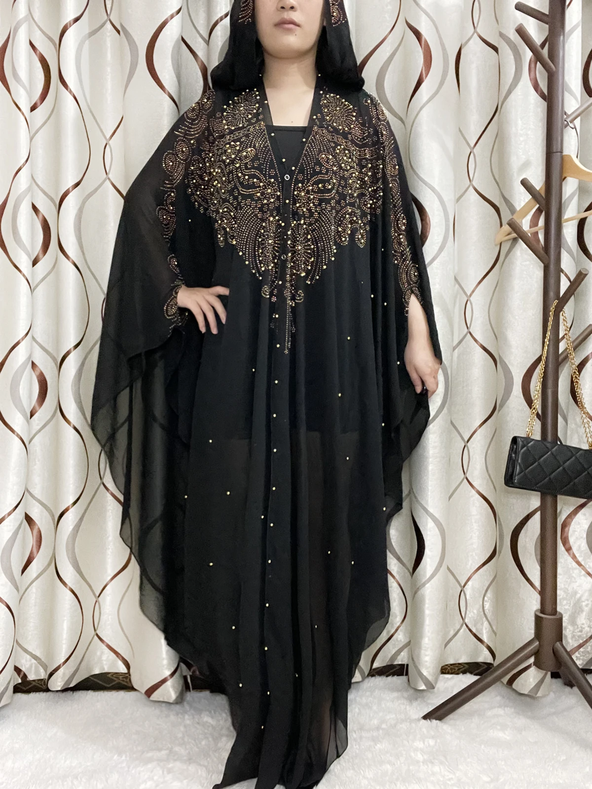 Abayas For Women Dubai 2022 Muslim Fashion Chiffon Open Abaya African Black Set Auger Robe Femme Musulmane Islam With Hat