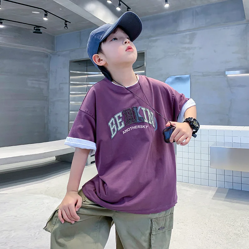 

Boys Summer Fried Street Cotton Short SleeveTT-shirt2024New Children's Boys' Summer Clothes Ruan Handsome Half Sleeve Shirt Fash