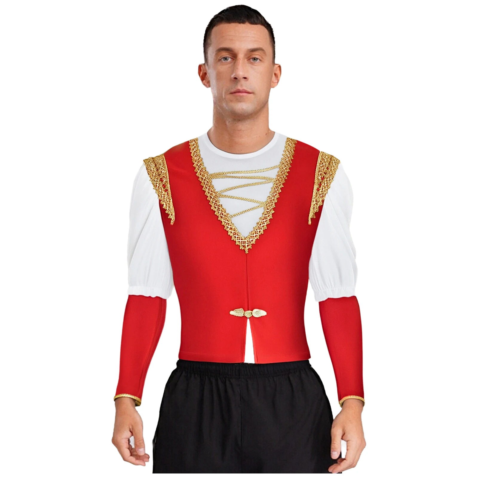 

Men Medieval Renaissance Prince Cosplay T-shirts Costume Half Sleeve Velvet Shirt Gold Trim Vest Steampunk Vestments Outfits