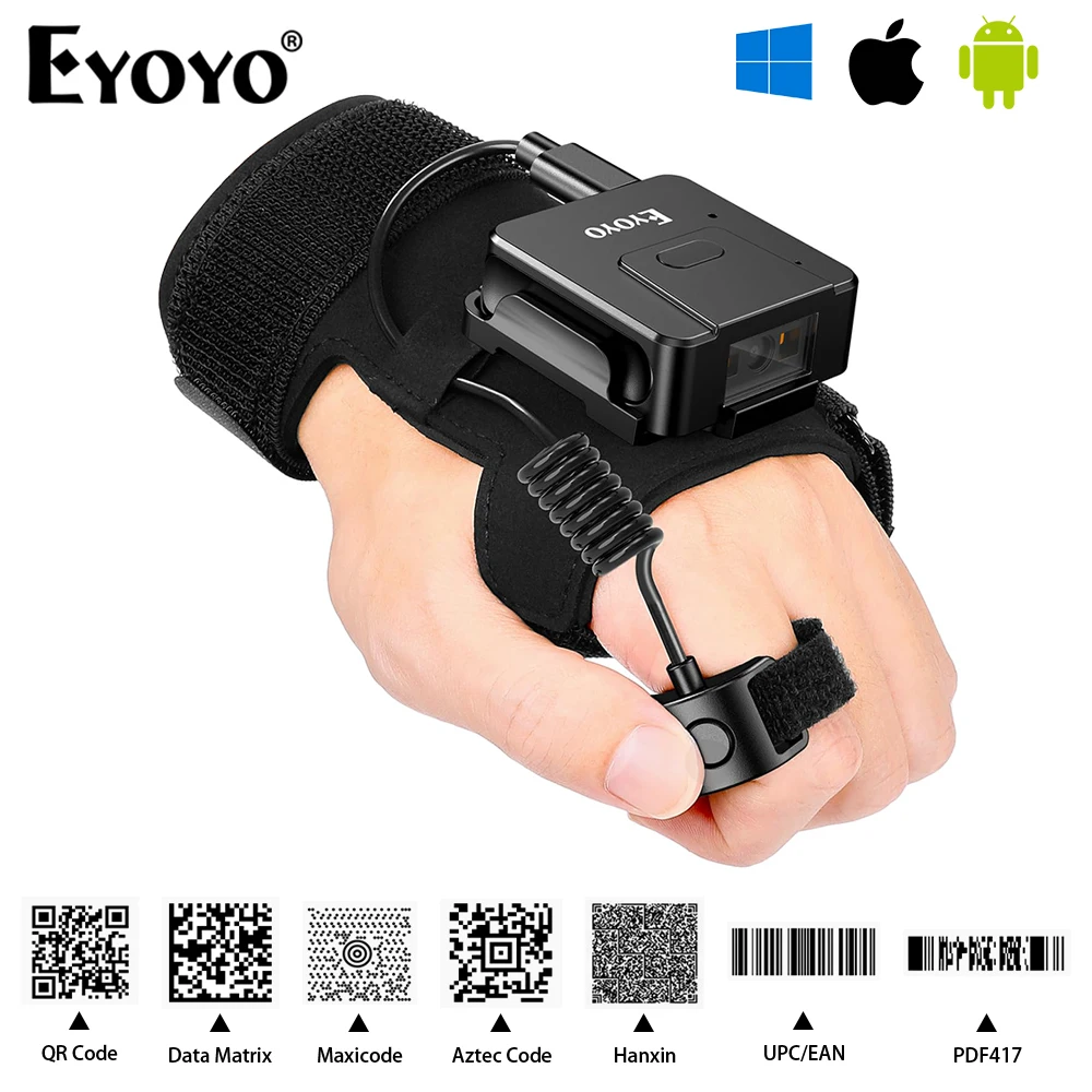 Eyoyo EY-027 Portable Wireless 2D Wearable Glove QR Code Scanner Finger Ring Bluetooth 1D Barcode Scanner Book Item Inventory