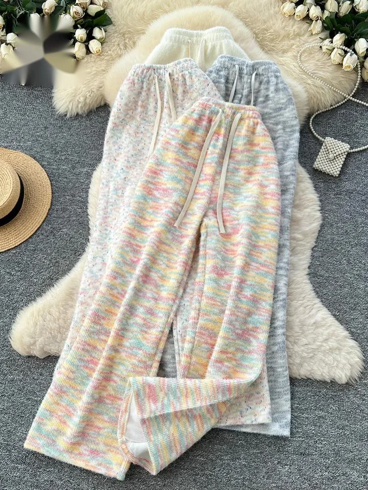 

Красочные повседневные вязаные брюки для женщин с эластичным поясом на шнурке, свободные, зимние, на флисовой подкладке, теплые, для дома и отдыха