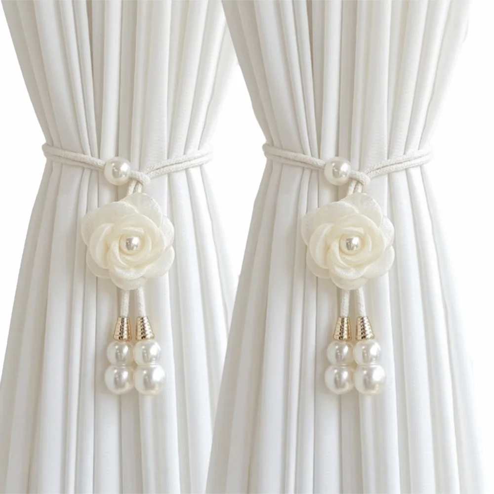 2Pcs Modern Floral Curtain Tiebacks Minimalist Adjustable Curtain Ties Polyester Texture Artificial Pearl