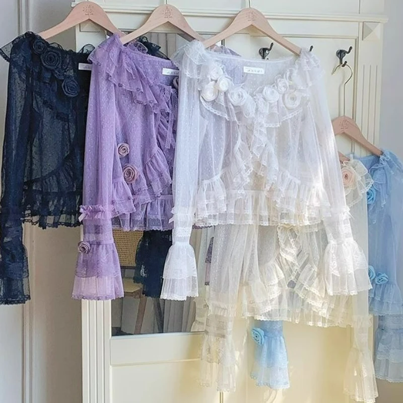 

Japanese Sweet Lolita Chiffon Cardigan Women Vintage Cute Long Sleeve Lace Ruffles Collar Tops Kawaii Chic Thin Inside Blouses