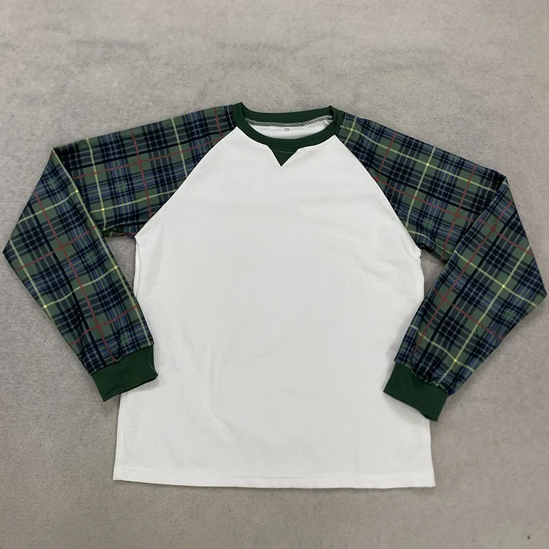 Retro-Kariertes Schulter-Waffel-Langarmshirt mit Rundhalsausschnitt, lässiger, lockerer, vielseitiger, trendiger Herrenpullover für den Herbst. – Detail 10
