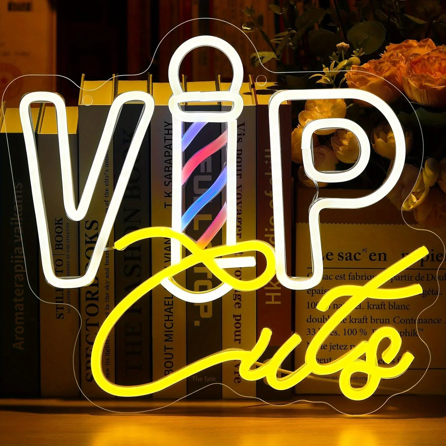 VIP Cuts Barber Pole LED Neon Sign Yellow White Blue USB Powered Hair Salon Window Display Stylist Business Gift