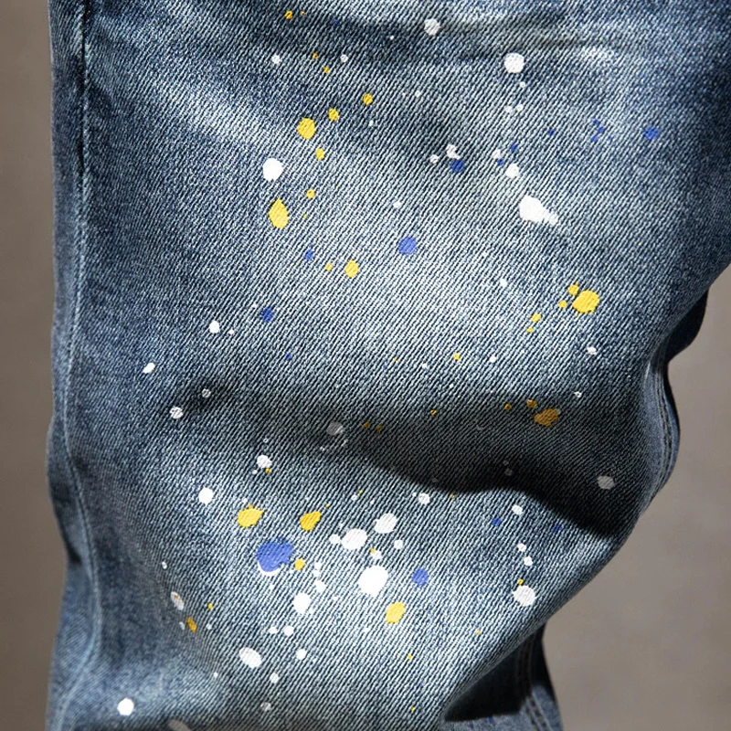 Street Designer Fashion Men Jeans Retro Blue Stretch Slim Fit Painted Ripped Jeans Men Patched Vintage Casual Denim Pants Hombre