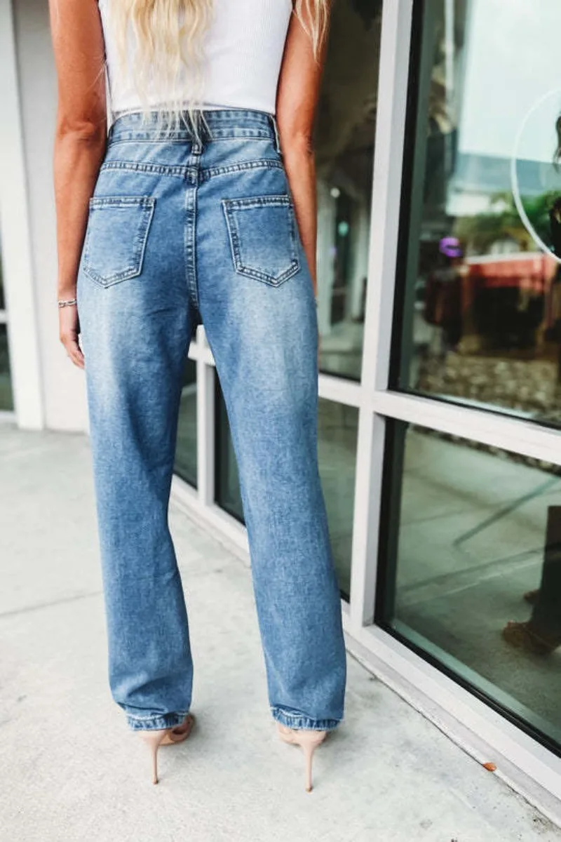 Women's Vintage Hollow Hole Chain Straight Jeans, High Waist, Loose Denim Long Pants, Summer Casual Streetwear, 90s Trousers