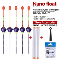 5PCS Nano Fishing Floats+5 Buoy Tube+1 Bag Hooks+1 Buoy Seat Short Length Buoy Durable Bobber with Bead Tail Floats Fishing Tool