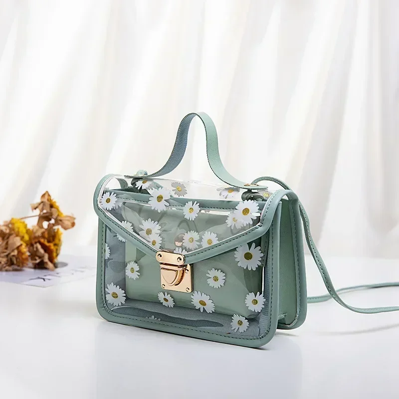 Fashion Transparent Daisy Pattern Shoulder Bag for Women Crossbody Casual Trendy Phone Chain Bag Handbag Designer 2pcs Set Bags