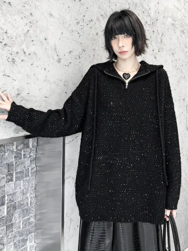 

Black Sequins Big Size Knitting Sweater Hooded Long Sleeve Women Pullovers New Fashion Tide Spring Autumn