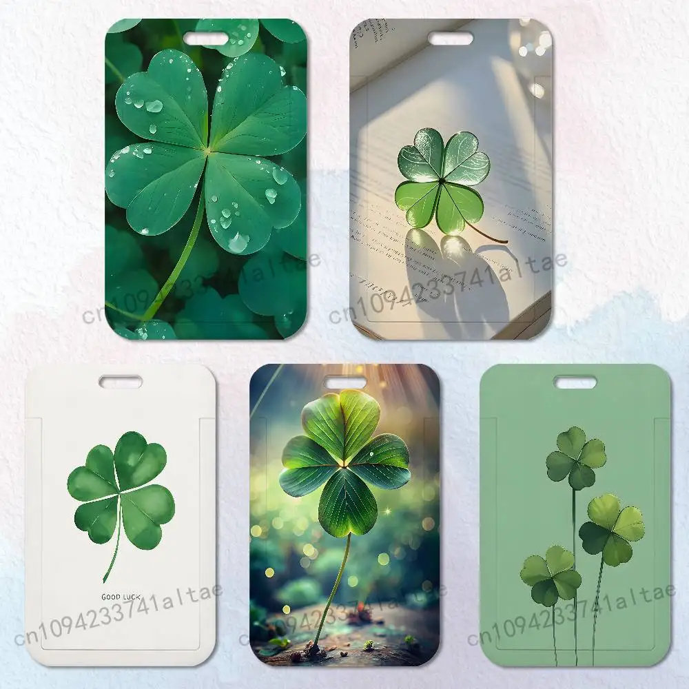 

Lucky Four Leaf Clover Badge Holder Pass Bus Work Card Cover Chest Pocket Students Card Holder Small Gift