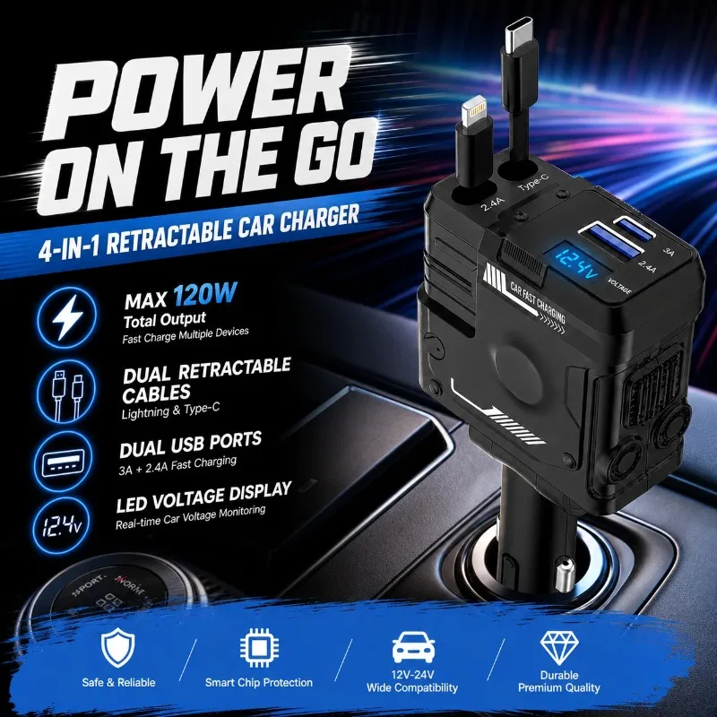 120W Total Output 4 in 1 Retractable Car Charger USB C Lightning Cables 66W Fast Charge USB A Type C Ports LED Display