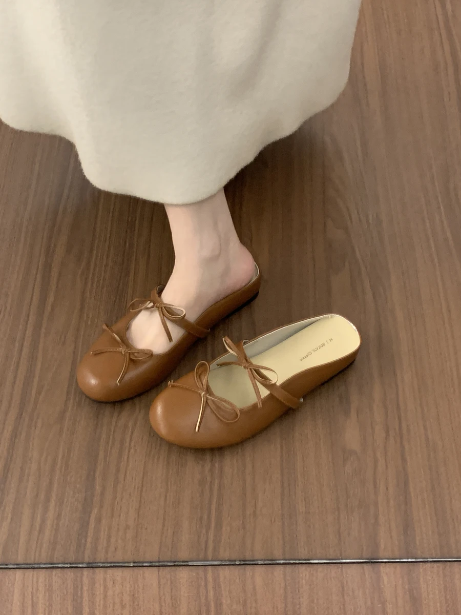 バレエスタイル厚底ミュール-レディース-スリッポン-ハーフスリッパ-蝶結び-カジュアルサマースプリングシーズン-韓国風