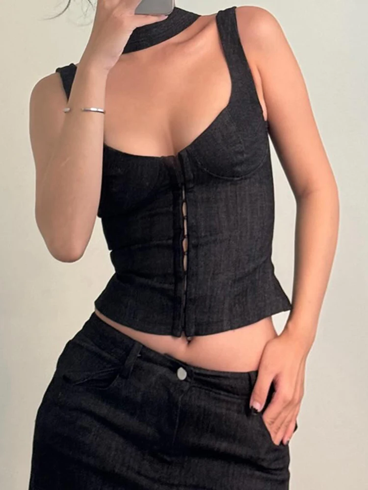 Weekeep Black Button Up Corset Top Casual Solid Sleeveless Skinny Tank Tops for Women y2k Vintage Clothing Streetwear Basic Vest